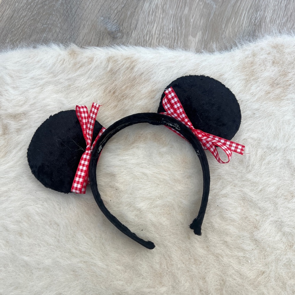 Black Minnie-Style Mouse Ear Headband with Red Gingham Bows